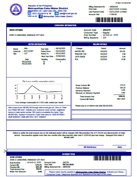 Philippines Metropolitan Cebu Water District utility bill template in Word and PDF formats, version 2